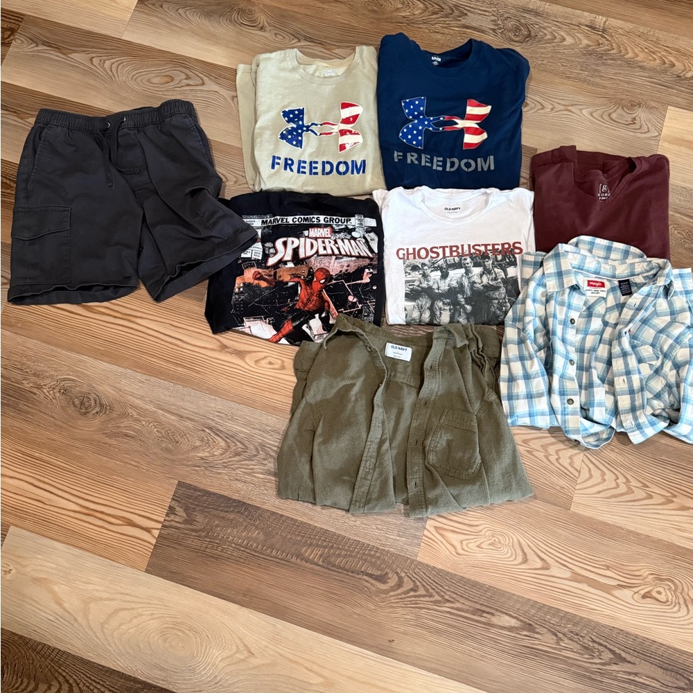 SMALL MEN’S LOT: 7 Shirts and 1 pair of shorts